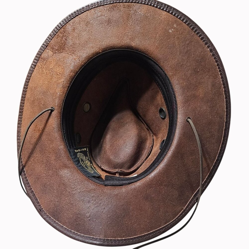 Henschel Brown Distressed Leather Cowboy Hat Braided Band Chin Cord USA Medium - Picture 6 of 9